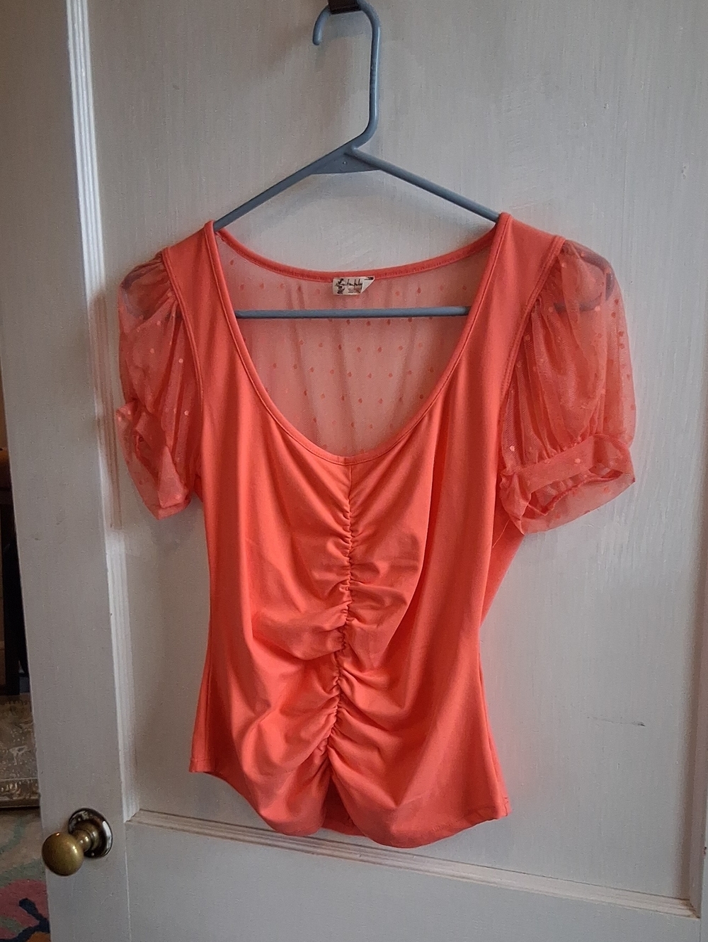 Free People Coral Puff Sleeve Ruched Top